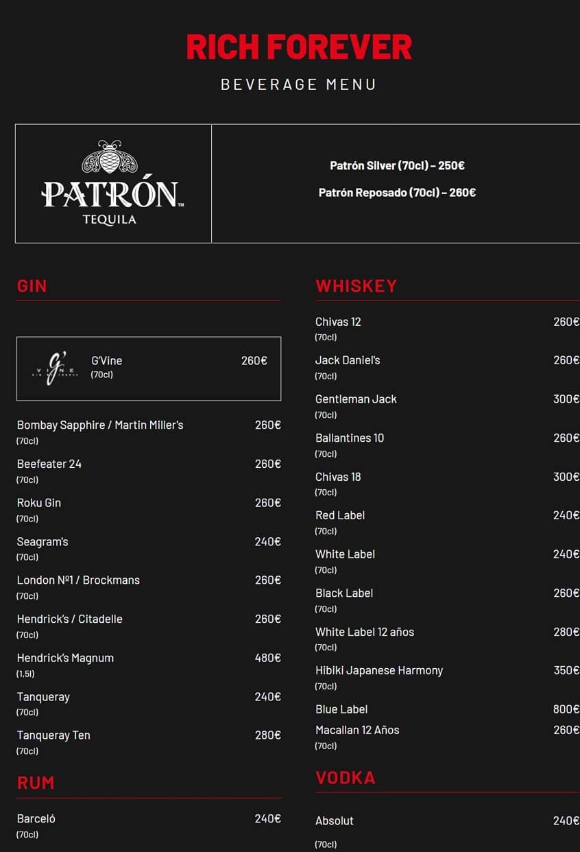 Liberty Madrid menu drinks bottles VIP service